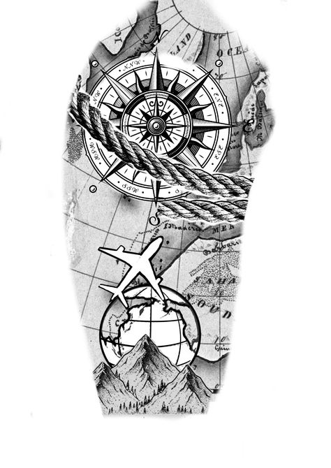 Campas Tattoo Designs, Nautical Tattoo Sleeve Drawings, Ancient Compass Tattoo, Map Tattoo Design, Compass And Map Tattoo, Nautical Tattoo Sleeve, Globe Tattoos, Name Tattoos On Wrist, Plane Tattoo