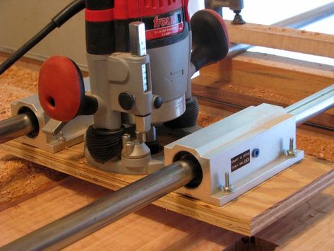 Linear bearings make the sled very accurate. They can be purchased on E-Bay for much less than new ones. These were$50. Sketchup Woodworking, Woodworking Jig Plans, Router Sled, Awesome Woodworking Ideas, Plunge Router, Router Jig, Woodworking Desk, Woodworking Equipment, Woodworking Jig