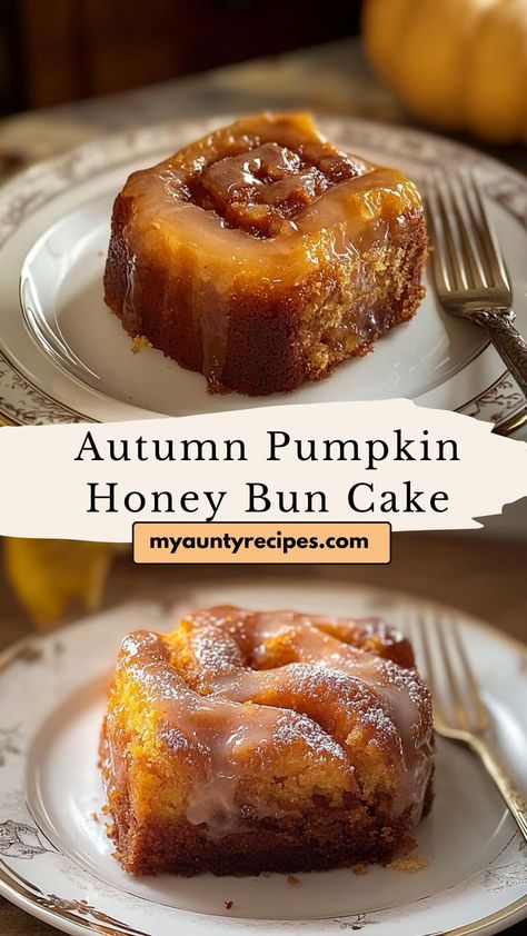 Treat yourself to this Pumpkin Honey Bun Cake, featuring layers of warm spices and a gooey cinnamon sugar swirl. Topped with a sweet glaze, it’s an indulgent fall dessert you’ll love. Ideal for Thanksgiving, fall dinner ideas, or a cozy evening with family. Honey Buns Homemade, Pumpkin Honey Bun Cake, Warm Butter Cake Recipe, Honey Recipes Dessert, Honey Bun Cake, Apple Bundt Cake, Fall Dinner Ideas, Bun Cake, Fall Cake