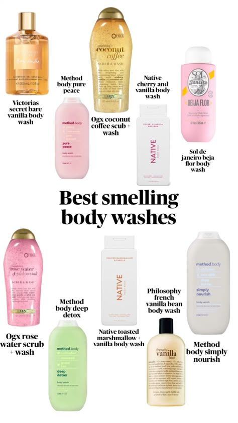 Smell good, bodycare, clean girl, body washes, vanilla scents, coconut scents, rose scent Best Smelling Body Wash, Vanilla Scents, Shower Care, Vanilla Body Wash, Scent Combos, How To Smell Good, Best Body Wash, To Smell Good, Rose Scent