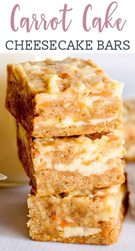 titled photo (and shown): Carrot Cake Cheesecake Bars Cream Cheese Carrot Cake, Carrot Cake Cheesecake Bars, Carrot Cake Bars Recipe, Carrot Cake Dessert, Cakes Strawberry, Cake Bars Recipe, Cream Cheese Swirl, Coconut Cakes, Easy Bar Recipes