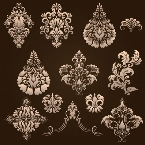 Vector set of damask ornamental elements. elegant floral abstract elements for design. perfect for invitations, cards etc. | Free Vector #Freepik #vector #freeflower #freewedding #freewedding-invitation #freevintage Motives Design, Ornamental Elements, Art Deco Borders, Elements For Design, Motif Arabesque, Abstract Elements, 3d Cnc, Drawing Frames, Textile Prints Design