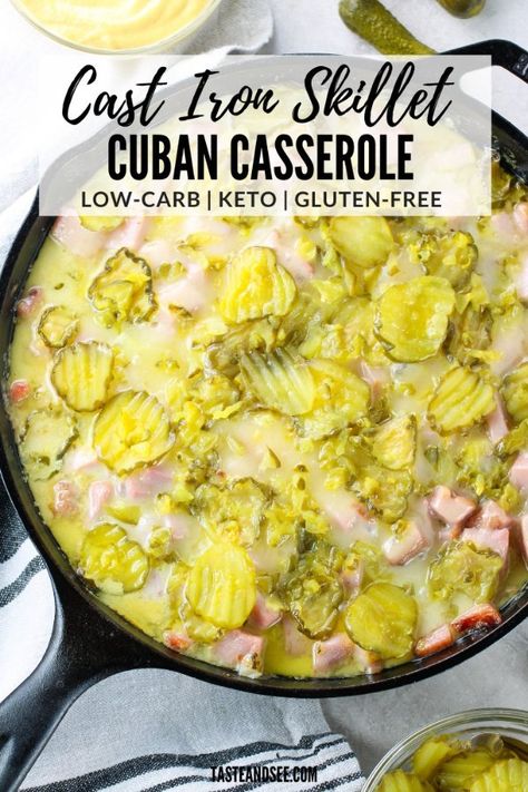 Cast Iron Cuban Skillet - A low carb take on the classic Cuban sandwich! With shredded pork, ham, Swiss cheese & pickles, it's a keto-friendly crowd pleaser exploding with flavor. #TasteAndSee Low Carb For A Crowd Dinners, Ham Low Carb Recipes, Keto Ham Meals Ideas, Low Carb Meals With Ham, Low Carb Ham Dishes, Keto Leftover Pork Recipes, Low Carb Pulled Chicken, Low Carb Campfire Meals, Low Carb Shredded Pork Recipes