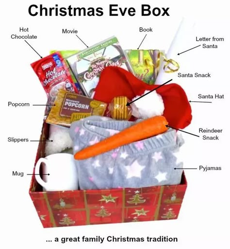 Opening Fairy Doors, Christmas Eve Box Ideas, Popcorn Movie, Xmas Eve Boxes, Christmas Eve Boxes, Christmas Eve Gift, Chocolate Popcorn, Christmas Traditions Family, Xmas Eve