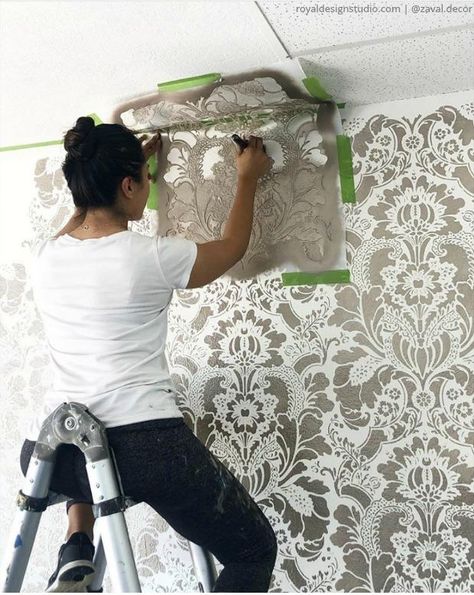 30 Must Try DIY Ideas - Handmade Decor Projects - Easy and Fast Crafts for Decorative Home Inspo - Affordable Interior Design - Patio Decor, Bathroom Design, Stairs Pattern, Kitchen Design - Floor Stencils, Wall Stencils, Painting Stencils, Paint Stencils - Royal Design Studio Stencils royaldesignstudio.com Stencil Wallpaper, Metallic Paint Walls, Metallic Paint Colors, Damask Wall Stencils, Wall Stencils Diy, Damask Wall, Royal Design Studio Stencil, Porch Paint, Diy Stencil