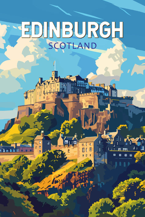 Retro-style illustration of Edinburgh, Scotland, featuring the iconic Edinburgh Castle perched on a hill with the cityscape and lush greenery in the foreground under a bright blue sky with scattered clouds. Scotland Poster, Edinburgh Scotland Travel, Edinburgh Travel, Travel Collage, Travel Poster Design, Poster City, Edinburgh Castle, Travel Illustration, Cool Wallpapers Art