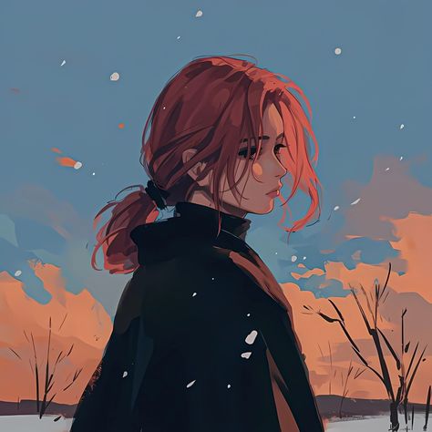 Red Hair Oc Girl, Dark Skin Red Hair Character Art, Anime Oc Female Red Hair, Red Haired Girl Art, Pfp Red Aesthetic, Winter Pfp Aesthetic, Red Hair Girl Art, Red Hair Anime Woman, Red Head Pfp