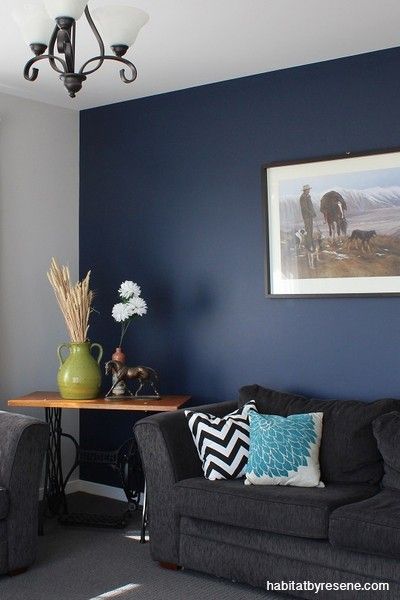 Selina and Earl find inspiration close to home Navy Feature Wall Living Room, Midnight Blue Living Room, Blue Feature Wall Living Room, Blue Feature Wall, Blue Walls Living Room, Midnight Express, Mens Room, Feature Wall Living Room, Living Room Wall Color