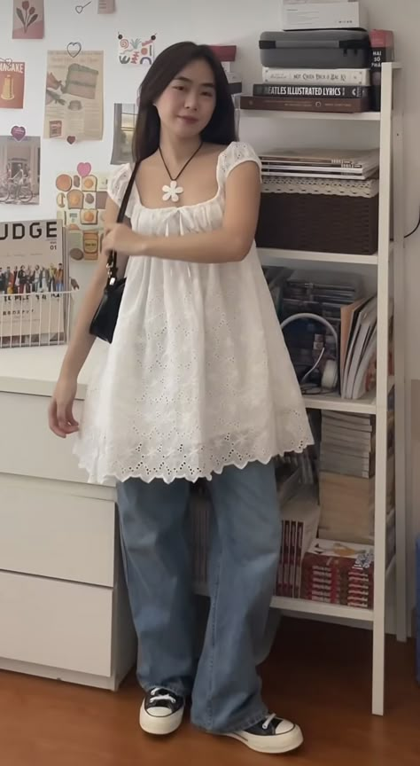 Dress On Top Of Jeans, Shoujo Style Clothing, Dress Over Jeans Aesthetic, Sawako Aesthetic Outfit, Shojo Girl Outfit Summer, Modest Shoujo Outfits, Modest Summer Outfits Pants, Shojo Aesthetic Outfits, Dress Over Jeans Outfit Japanese