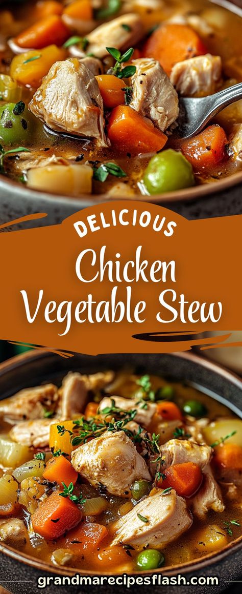 This comforting Hearty Chicken and Vegetable Stew is a perfect one-pot meal, packed with tender chicken, hearty vegetables, and savory herbs. It's easy to make and perfect for a cozy dinner Hearty Chicken And Vegetable Soup, Chicken Stew Crockpot Easy, Sauce For Chicken And Vegetables, Chicken Vegetable Stew Crockpot, Chicken And Veggie Stew, Chicken And Vegetable Stew Recipes, Hearty Chicken Vegetable Soup, Chicken Veggie Stew, Chicken Stew In Dutch Oven