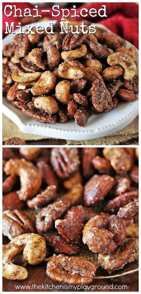 Chai-Spiced Mixed Nuts ~ These little nibbles pack all the wonderful flavors of chai in a tasty grab-by-the-handful bite. Perfect for parties, game day, or everyday snacking! www.thekitchenismyplayground.com Mixed Nuts Recipes, Nut Mix Recipe, Spiced Nuts Recipe, Autumn Cooking, Seasoned Nuts, Seasoned Pretzels, Flavored Nuts, Spicy Nuts, Nuts Gift