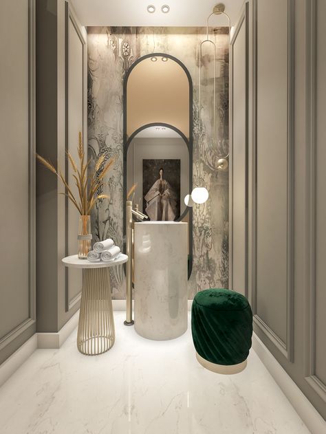 Luxury Powder Room Ideas, Luxury Powder Room Design, Light Up Bathroom Mirror, Black Powder Room, Luxury Powder Room, Powder Room Design Ideas, Modern Powder Rooms, Modern Classic Living Room, Powder Room Mirror