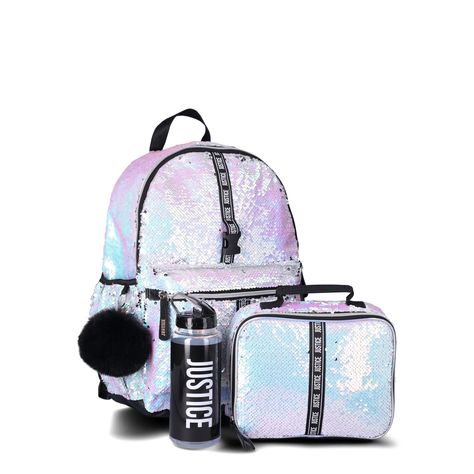 Justice Iridescent Girls 17" Backpack and Lunch Tote, Iridescent - Walmart.com Justice Backpacks, Justice Accessories, Sequin Backpack, Backpack Set, Girl Backpacks School, School Bags For Girls, Bag Silver, Lunch Tote