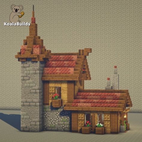 Medieval Farmhouse Concept Art, Medevil Minecraft Village, Fishing Dock Minecraft Ideas, Minecraft Clay House, Minecraft Medieval Decor, Minecraft Village Idea, Minecraft Town Decorations, Minecraft Medieval Path, Small Starter House Minecraft