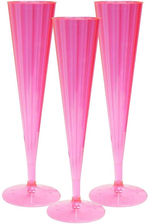 PRICES MAY VARY. Our pack of 20 neon pink 2-piece champagne flutes is designed to hold 5 ounces of your preferred sparkling beverage. These flutes exude vibrant colors that remain eye-catching whether or not a black light is present. With its convenient two-piece design, you can easily detach the stem for effortless storage and transport. Sip in style and enjoy the convenience of a disposable option without compromising on elegance. Embodying a timeless stemware silhouette, these champagne flute Bachelorette Pool Party, Plastic Champagne Flutes, Stemless Champagne Flutes, Pink Plates, Plastic Dinnerware, Pink Cups, Party Essentials, Pink Plastic, Pink Parties