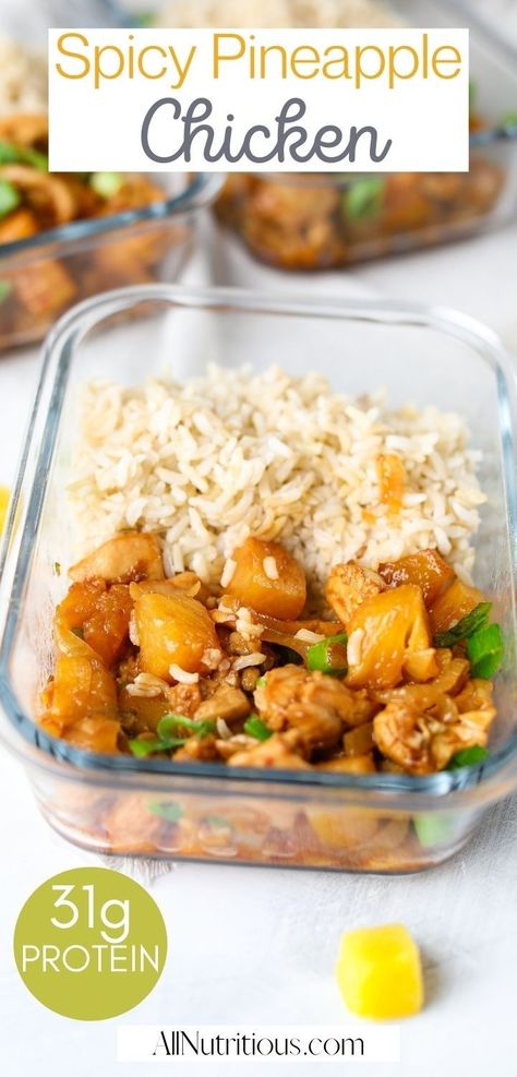 Eating a nutritious, high protein diet doesn’t have to be bland when you make delicious high protein chicken recipes like these spicy pineapple chicken meal preps. This healthy meal prep is easy to make so you can enjoy more healthy meals. #MealPrep #HighProtein Macro Friendly Dinner Meal Prep, Meal Prep With Pineapple, Oilfield Meal Prep, Meal Prep For 75 Hard, Meal Prep With Pork, Meal Prep In Crockpot, Spicy Chicken Meal Prep, Lean Protein Meal Prep, Sweet And Spicy Pineapple Chicken