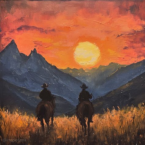 50+ Cowboy Painting Ideas & Tutorials [Western Art Landscape Inspiration Examples] – Inspo Tank Cowboy Painting Ideas, Mountain Painting Ideas, Painting Ideas Tutorials, Painting Tutorial Videos, Western Art Paintings, Cowboy Painting, Painting Tips For Beginners, Barn Wall Art, Bull Painting