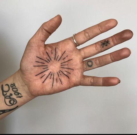 Hand Palm Tattoos, Body Doodles, Eclipse Tattoo, Tattoos Inspo, Funky Tattoos, Palm Tattoos, Hand Tats, Hand Poked Tattoo, Poke Tattoo