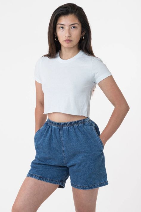 Scoop Back Bodysuit, Jersey Crop Top, Los Angeles Apparel, Classic Denim Shorts, Mid Length Shorts, White Crew Neck, High Waist Fashion, Denim Short, White Crop Top