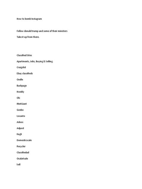 The document provides a list of classified advertising websites and gay dating sites, but does not contain any information about bombing Instagram. It lists websites for classified advertising such as Craigslist, eBay classifieds, and Backpage, as well as some popular gay dating sites and the top rated gay websites according to visitor numbers. Dating Sites Free Website, Free Dating Websites, Website Advertising, Instagram Site, Best Facebook, Dating Websites, Work Organization, Free Sites, Word Doc