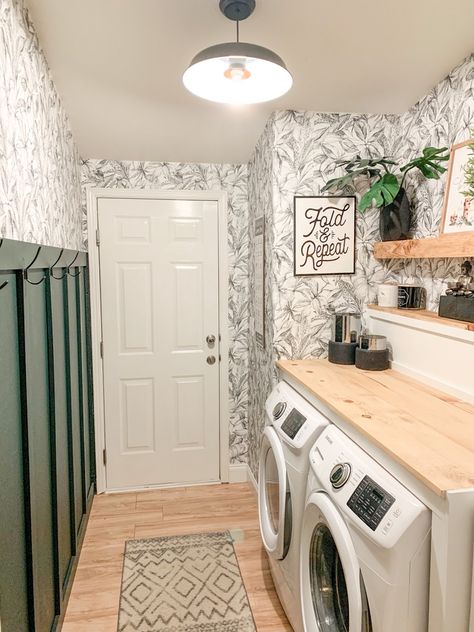 Board And Batten Wall Laundry Room, Board And Batten Laundry Room, Green Board And Batten Wall, Cheap Laundry Room Makeover, Southern Style Home, Laundy Room, Green Laundry, Laundry Room Wallpaper, Basement Laundry Room