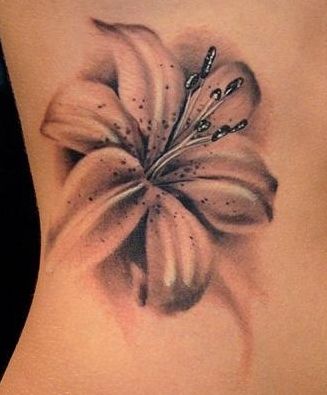 Love the soft look... 3d Flower Tattoos, Tattoo Lily, Girl Rib Tattoos, Tiger Lily Tattoos, Realistic Flower Tattoo, Flower Tattoo On Side, Lily Flower Tattoos, Hibiscus Tattoo, Beautiful Flower Tattoos