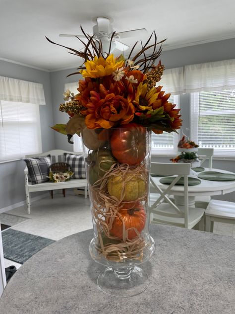 Glass Vase Fall Decor Ideas, Glass Hurrican Centerpieces Fall, Tall Fall Floral Arrangements, Fall Vase Filler Ideas, Fall Vase Arrangements, Fall Vase Filler, Thanksgiving Luncheon, Thanksgiving Flower Arrangements, Golf Centerpieces