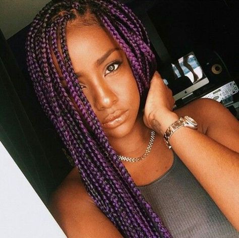 Deep Purple with Black Box Braids Blonde With Red Highlights, Purple Box Braids, Black Box Braids, Colored Box Braids, Purple Braids, Blonde Box Braids, Curly Hair Braids, Short Box Braids, Jumbo Box Braids