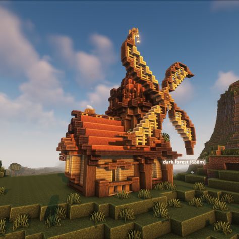 Minecraft Medieval Windmill Idea for you World Windmill Minecraft Ideas, Mc Windmill, Minecraft Windmill House, Wind Mill Minecraft, Minecraft Mill, Minecraft Windmill Design, Minecraft Water Wheel, Windmill Minecraft, Medieval Windmill