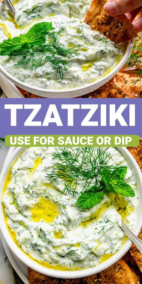 Our easy Tzatziki recipe is a cool and refreshing cucumber and yogurt sauce or dip. To make it, stir together Greek yogurt, cucumber, garlic, lemon, olive oil and herbs. Make it as a sauce for chicken, salmon, wraps or burgers or serve as a dip for pita or vegetables. When fresh cucumbers are in season it is time to make Tzatzki! This popular sauce from the Middle East and Greece is made from Greek yogurt, shredded and drained cucumber, garlic, and fresh herbs. Many recipes also call for a squee Greek Tzatziki Sauce, Fish Veggies, Greek Tzatziki, Cucumber Yogurt Sauce, Cucumber Sauce, Tzatziki Sauce Recipe, Greek Foods, Tzatziki Recipes, Cucumber Yogurt