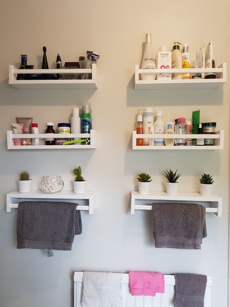 Ikea Bathroom Storage Hacks, Ikea Toilet Ideas, Ensuite Organisation Ideas, Bekvam Bathroom, Ikea Spice Rack Hack Bathroom, Ikea Spice Rack Bathroom, Bathroom Organisation Wall Shelves, Ikea Ragrund Shelf, Ikea Spice Rack Hack