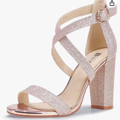 Rose Gold Shiny Heels. Retails $53.99 On Amazon Gold Chunky Heels, Low Block Heel Sandal, Navy Blue Heels, Silver Strappy Heels, Rose Gold Heels, Gold Strappy Heels, Sparkly Heels, Classy Shoes, Glitter Heels