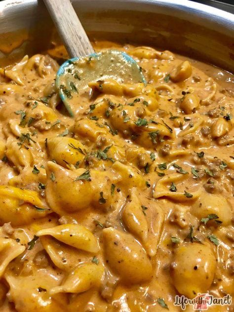 Creamy Beef and Shells Creamy Beef And Pasta, Creamy Beef Bowtie Pasta, One Pot Creamy Beef And Shells, Recipes With Shell Pasta, Creamy Beef And Shells Recipe, Creamy Velveeta Beef And Bow Tie Pasta, Creamy Beef And Bowtie Pasta, Creamy Beef And Bow Tie Pasta, Creamy Shells And Beef