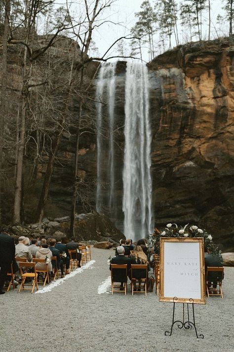 Wedding By Waterfall, Wedding Alters Outside, Waterfall Wedding Ceremony, Flowers For Wedding Ceremony, Wedding Waterfall, Micro Wedding Ceremony, Forest Wedding Ceremony, Fall Mountain Wedding, Wedding Ceremony Outdoor