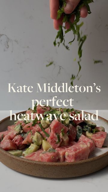 Deliciously Ella on Instagram: "Our twist on Kate Middleton’s “perfect heatwave salad” Kate Middleton Heatwave Salad  Ingredients :  For the salad :  ½ small watermelon, cut into bite-sized pieces 1 avocado, cut into bite-sized pieces  ½ cucumber, seeds removed and cut into bite-sized pieces For the dressing :  2 tablespoons tahini  Juice of ½ a lemon  1 teaspoon smooth Dijon mustard  1 teaspoon maple syrup  2 tablespoons boiling water  To serve:  Handful of fresh mint, finely sliced  Sesam Celebrity Recipes, Deliciously Ella, Cucumber Seeds, Watermelon Salad, Salad Side Dishes, Healthy Side Dishes, Summer Treats, Veggie Sides, Boiling Water