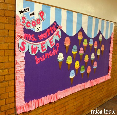 sweet Templates For Bulletin Boards | Miss Lovie: Ice Cream Bulletin Board and Ruffle Border Tutorial Ice Cream Bulletin Board, Candy Theme Classroom, Door Bulletin Boards, Summer Bulletin Boards, Preschool Bulletin, Preschool Bulletin Boards, Back To School Bulletin Boards, Ice Cream Theme, Candy Theme