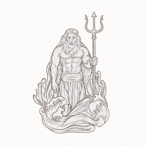 Poseidon holding trident spear | Premium Vector #Freepik #vector #hand #waves #sea #drawing Poseidon Sketch, Trident Spear, Poseidon Drawing, Scrimshaw Art, Skull Hand Tattoo, Sea Drawing, Ancient Greek Gods, Waves Sea, Procreate Ipad Art