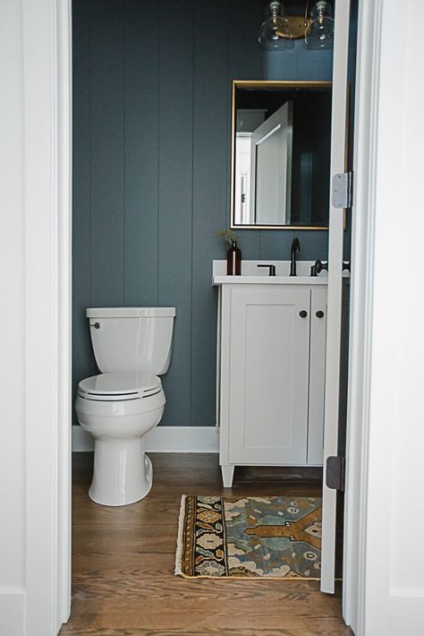 Slate Blue Bathroom, Farmhouse Restroom, Moody Earth Tones, Dark Blue Bathroom, Basement Den, Brass Rabbit, Dark Blue Bathrooms, Bathroom Dark, Moody Bathroom