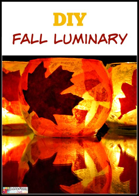 DIY Fall (Autumn) Craft  Your kids will love creating these beautiful fall luminaries. A simple and frugal DIY craft for all ages. Our step-by-step tutorial walks you through how to turn a plain jar or globe into a gorgeous autumn decor piece. Thanksgiving Art Projects For Teens, Fall Crafts For 5th Graders, Fall Luminaries, Quickdraw Mcgraw, Craft For All Ages, Teen Crafts, Autumn Craft, November Thanksgiving, Crafts Fall