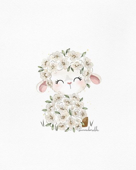 Baby Lamb Art, Angel Illustration Cute, Lamb Painting Easy, Nursery Illustration Art, Cute Lamb Drawing, Watercolor Lamb, Lamb Illustration, Baby Girl Watercolor, Painted Animals