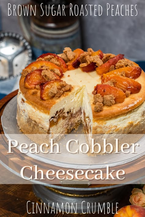 This decadent cheesecake tastes like if a peach Cobbler and a New York Cheesecake had a baby. Perfectly ripe peaches caramelized with brown sugar and butter in the oven and a crunchy cinnamon crumble make this cake so unique. Brown sugar roasted peaches, homemade cinnamon crumble and rich cheesecake - the traditional dessert with an amazing flavor upgrade! Roasted Peach Cobbler Cheesecake, Dessert Recipes Dump Cake, Bundt Cake Cheesecake, Peach Cheesecake Cobbler, Fall Peach Recipes, Unique Cheesecake Ideas, Decadent Cheesecake Recipes, Peach Crumble Cheesecake, Fall Cheesecake Flavors