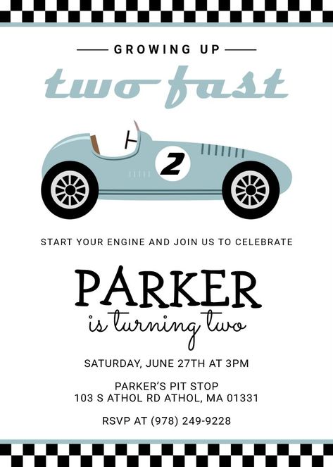 Two Fast Race Car Racing Birthday Blue Invitation Two Fast Party, Blue Race Car, Car Invitation, Car Birthday Party Invitations, Two Fast Birthday, Racing Birthday, Cars Invitation, Car Birthday Party, Birthday Evite