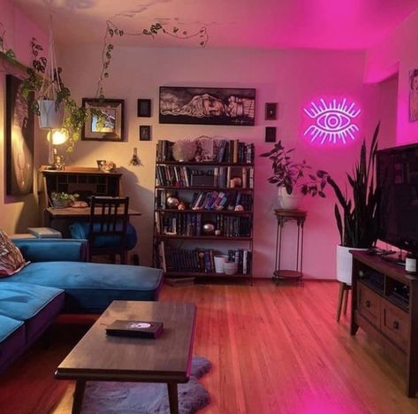 Neon Signs Living Room, Colorful Bathroom Ideas Bright, Trippy Living Room Ideas, Salon Neon Sign, Eclectic Apartment Decor, Deco Studio, Sign Image, Dream Apartment Decor, Future Apartment Decor