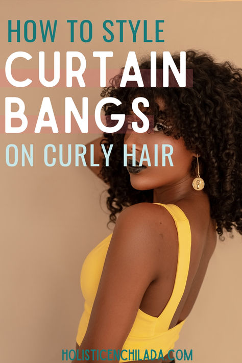 How to style curtain bangs on curly hair for an easy, low effort curly bangs style, plus a few inspiration photos of gorgeous curly bangs. Curly Hair Bangs Cowlick, Natural Curly Curtain Bangs, Bangs On Wavy Curly Hair, 2b Hair With Curtain Bangs, Curly Bangs Side Part, Frizzy Hair Bangs, Style Curly Bangs, Curly Hair Ponytail With Bangs, Bangstyle Hair Long Curly