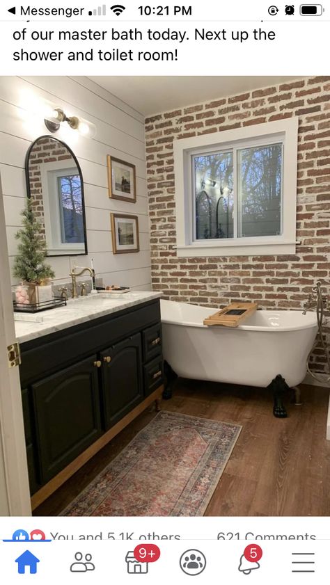 White Wash Brick Bathroom, Painted Brick Bathroom, Brick And Shiplap Wall Bathroom, Shiplap And Brick Bathroom, Brick Wall Bathroom Ideas, Brick Accent Wall Bathroom, Brick In Bathroom Accent Walls, Brick Veneer Bathroom, Brick Backsplash Bathroom