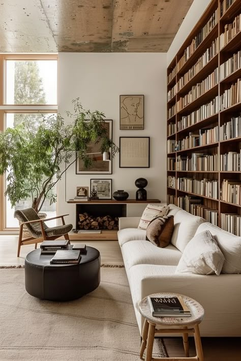 Trendy Shelving Units for Modern Home Libraries: Functional and Fashionable - Quiet Minimal Minimal Interior Decor, Organic Modern Library, Modern Home Library, Sustainable Living Room, Living Room Library, Library Living Room, Casa Country, Home Library Design, Living Room Loft