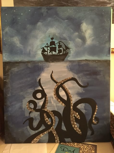 Bathroom art. Hand painted canvas. Giant Octopus Trippy Octopus Painting, Giant Painting Ideas, Octopus Painting Acrylic Easy, Giant Canvas Painting Ideas, Painting Octopus, Shower Design Ideas, Resin Art Canvas, Giant Octopus, Octopus Painting