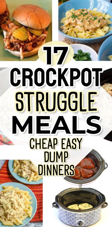 Dump and go crockpot dinners – 19 super simple crock pot “struggle” meals to throw together when money is tight and the eaters are picky! CHEAP and easy slow cooker recipes that only require dumping a few ingredients in a crockpot ahead of time – and then a yummy comfort food dinner is ready at mealtime that even your picky eaters will love for school night meals on busy weeknights. The easiest Dump It crock pot recipes for large family dinners on a budget. Easy Crockpot Dump Meals, Crockpot Dump Recipes, Cheap Family Meals, Easy Crockpot Dinners, Large Family Meals, Dump Dinners, Dump Meals, Comfort Food Recipes Dinners, Cheap Dinner Recipes