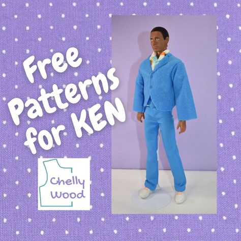 Make a whole outfit for Ken dolls with a jacket, shirt, and pants/jeans w/free patterns at ChellyWood.com #KenDoll #SewingFun Barbie And Ken Outfits Doll Clothes, Ken Doll Sewing Patterns Free Printable, Clothes For Ken Doll, Free Ken Doll Clothes Patterns, Ken Doll Shirt Pattern, Ken Clothes Patterns Free, Ken Doll Clothes Patterns Free, Barbie Ken Outfit, Ken Doll Outfits