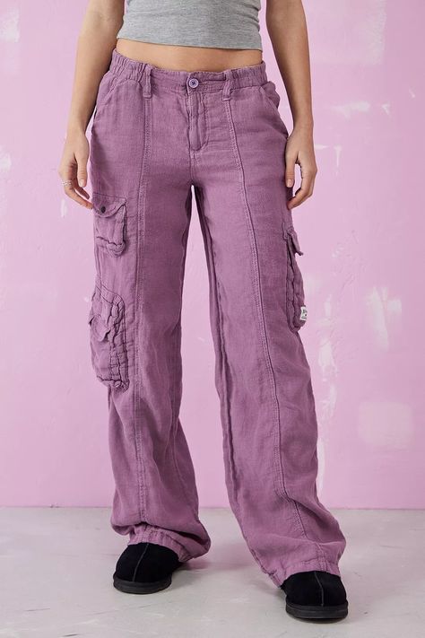 BDG Purple Linen Multi-Pocket Cargo Pants | Urban Outfitters UK Linen Cargo Pants, Urban Outfitters Y2k, Cargo Fit, Pants With Zippers, Purple Linen, Purple Fits, Linen Trousers, Featuring Dress, Spring Summer Fashion